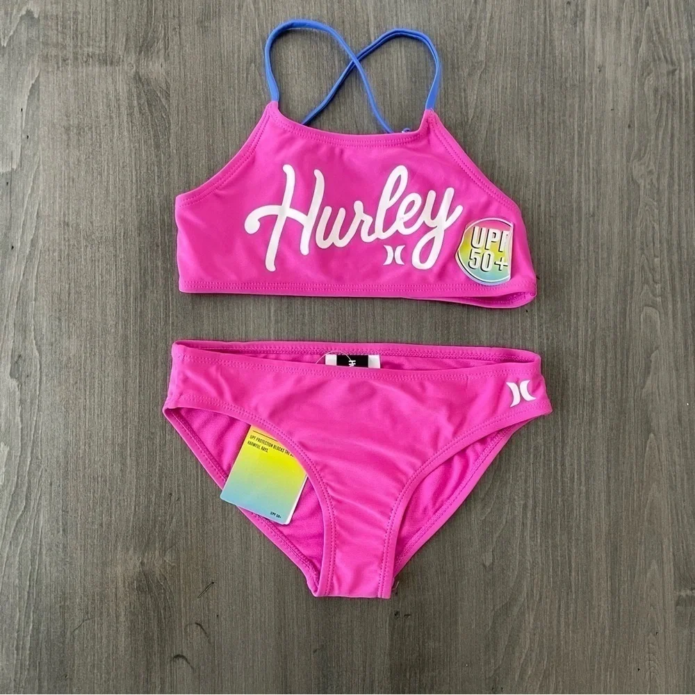 Hurley girls 2 piece swimsuit hot pink bikini size 6x NWT